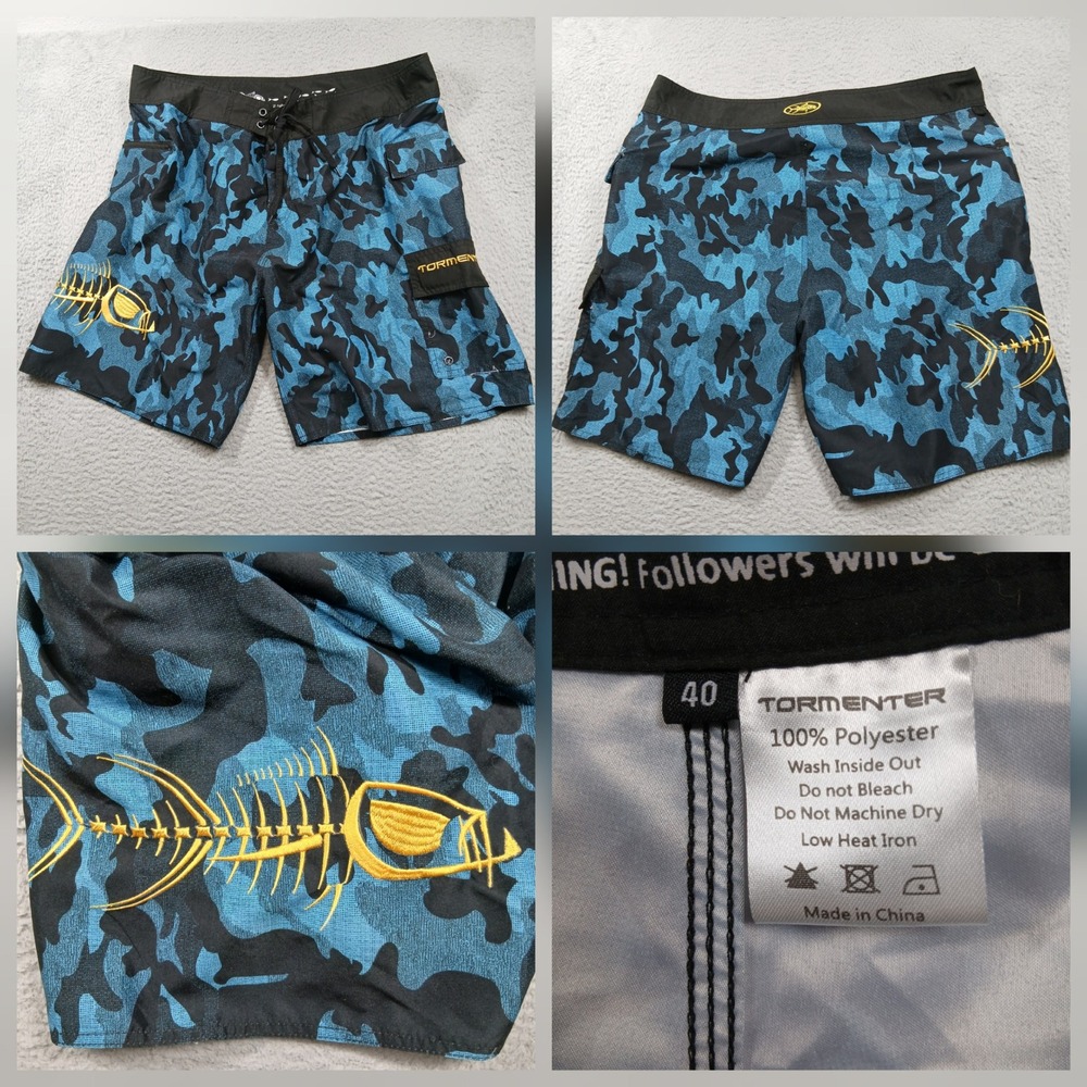 Tormenter Board‎ Shorts Men's 40 Blue Black Camo Fish Skeleton Surf